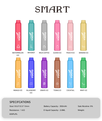 YUOTO Smart 600 soffia Vape 2ML E Juice Capacity With 12 sapori