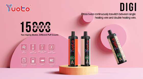 Ricaricabile Yuoto DIGI 15000 Puffs Double Mesh Coil Vape 22 Aromi Batteria livello di carburante Ul